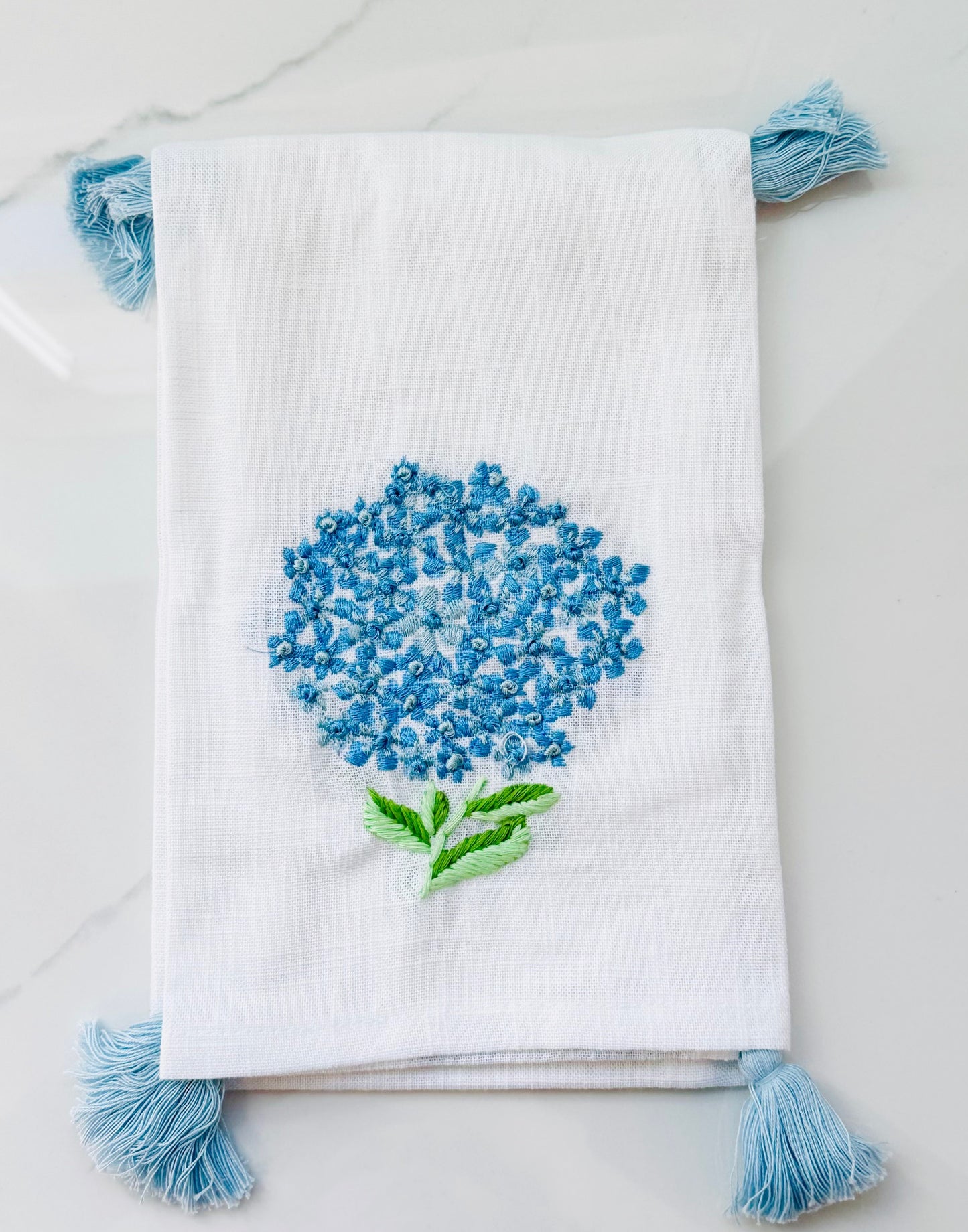 Blue Embroidered Hydrangea Hand Towel