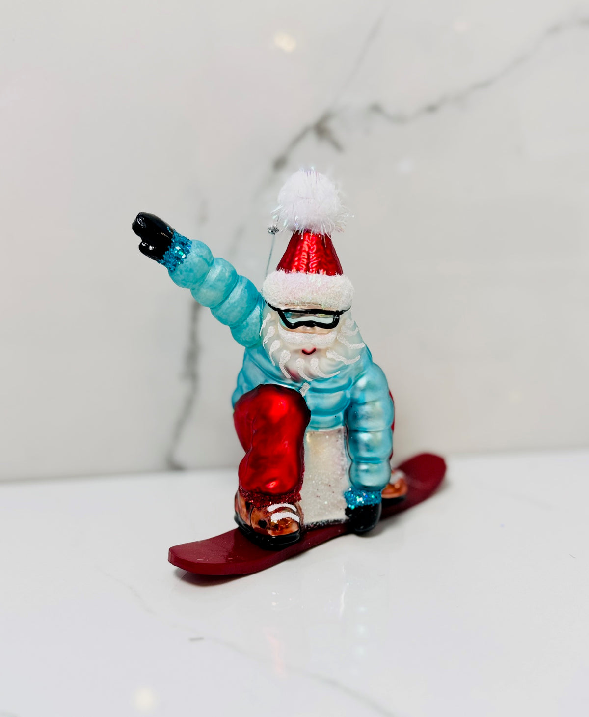 Blue Santa Snowboard Ornament
