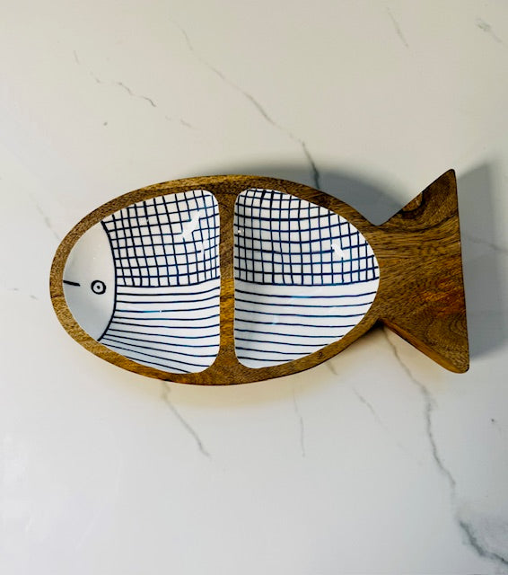 Medium White and Blue Sectioned Fish Plate
