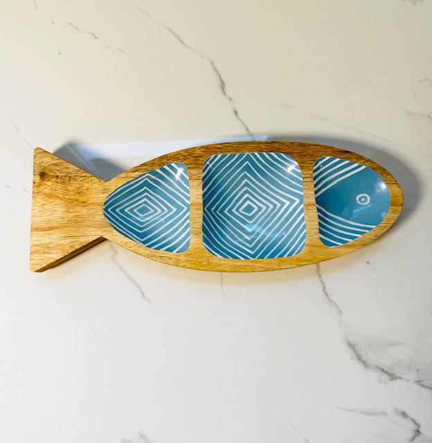 Large Teal and White Sectioned Fish Plate