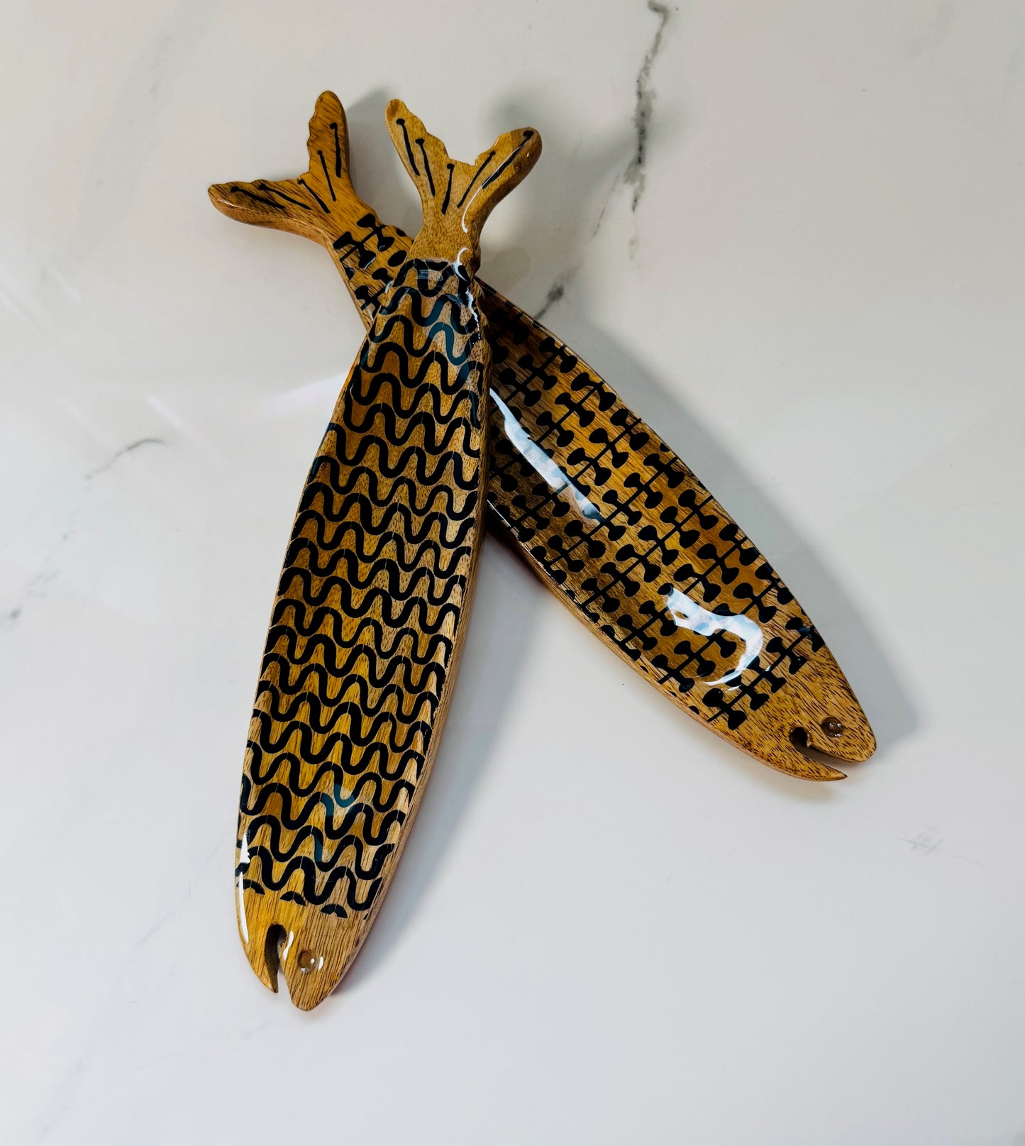 Navy and Wood Fish Salad Utensil Set