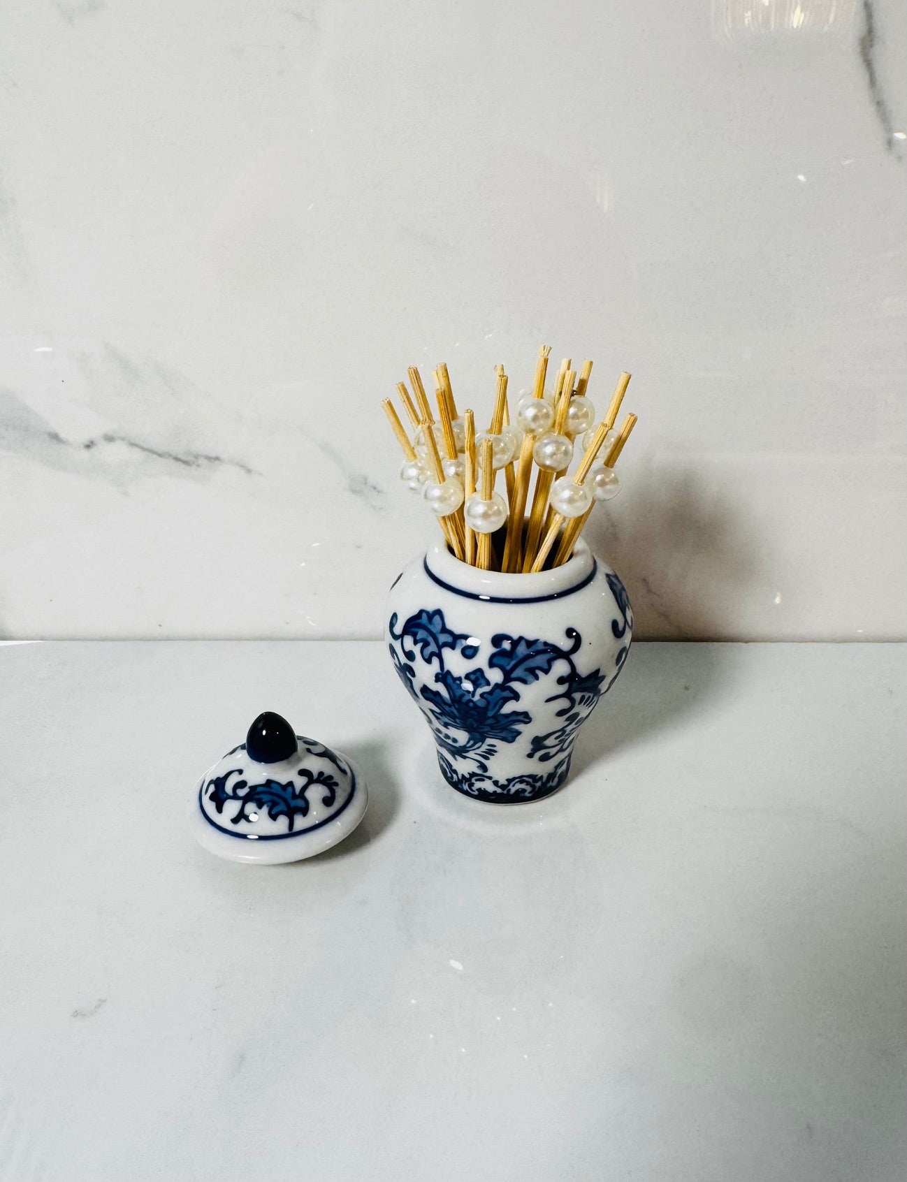 Mini Ginger Jar with Picks - Blue and White Floral
