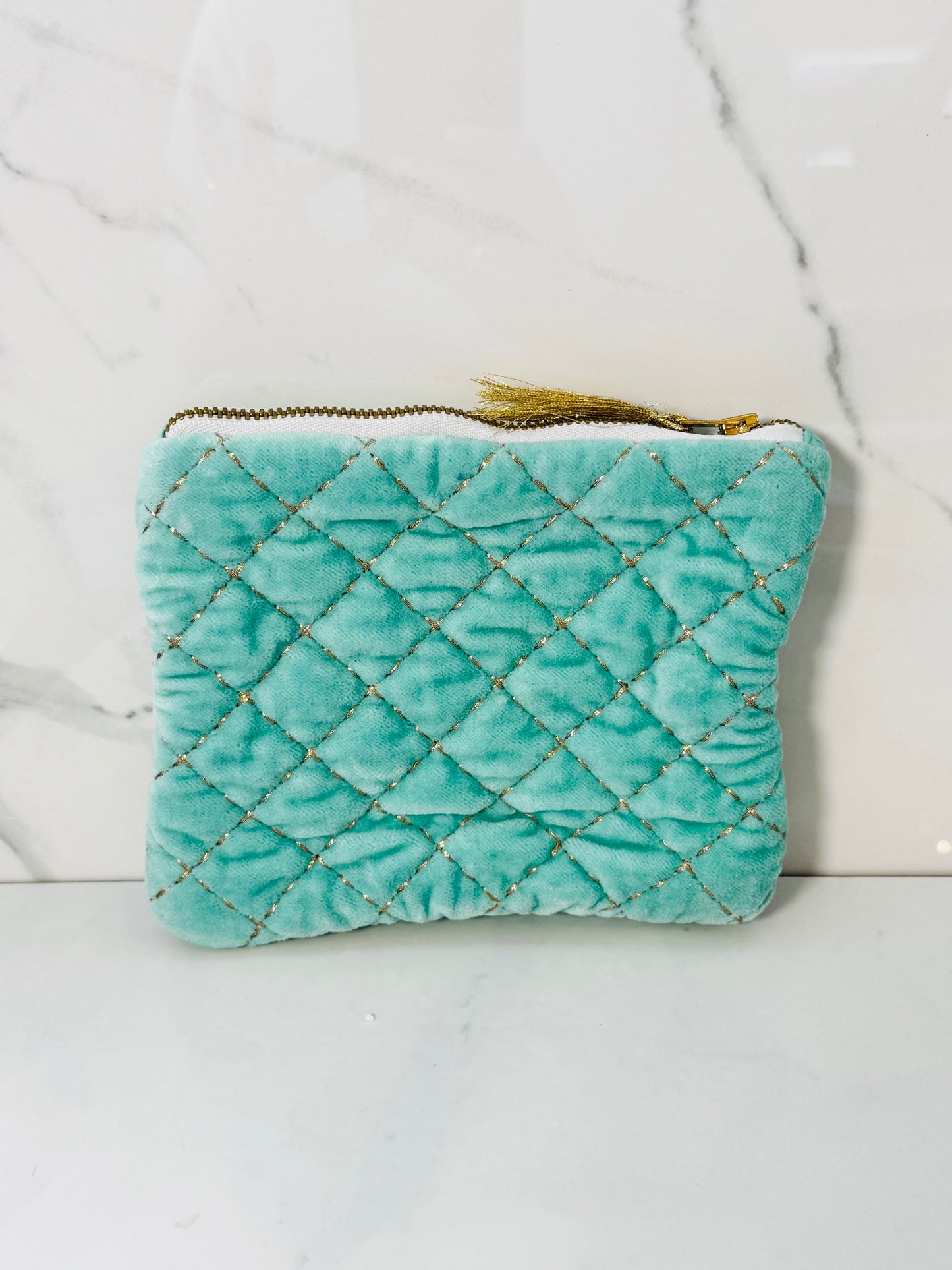 Quilted Velvet Zip Pouch - Turquoise