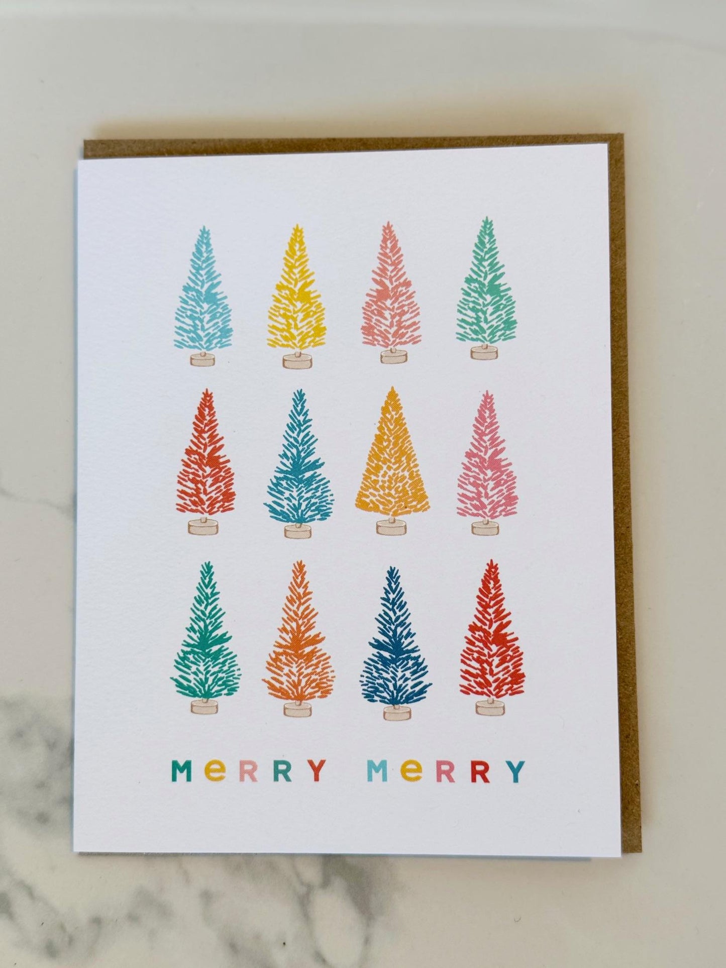 Rainbow Bottle Brush Trees Holiday Greeeting Card