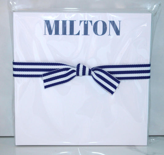 Milton Square Notepad with Navy/White Striped Ribbon