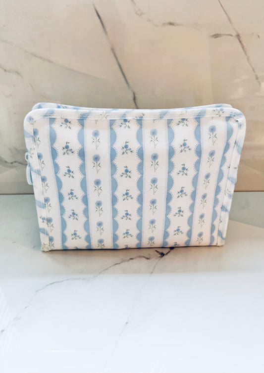Medium Blue Ribbon Floral Zip Bag
