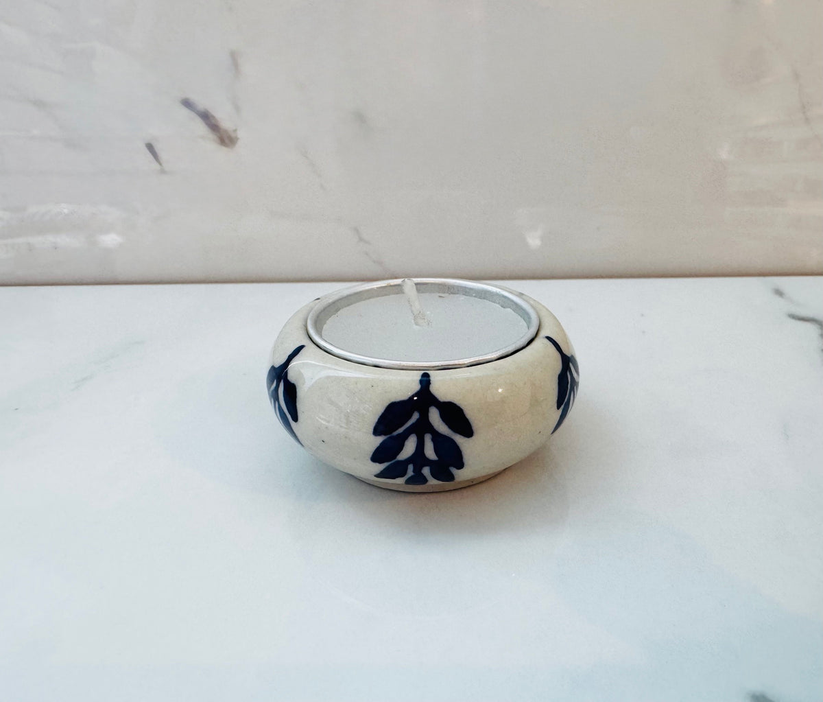 Blue and White Leaves Tealight Holder