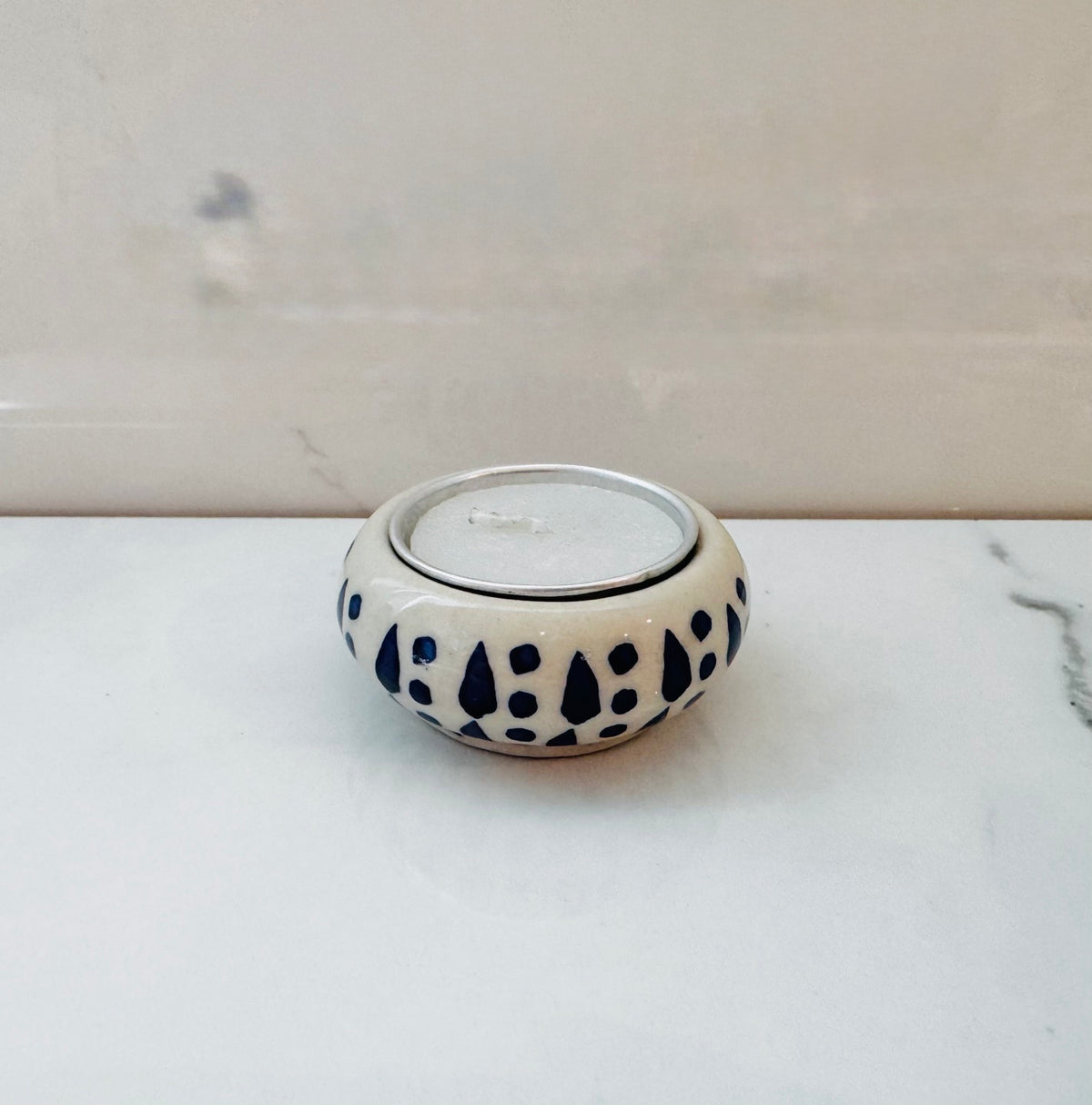 Blue and White Drop and Dot Tealight Holder