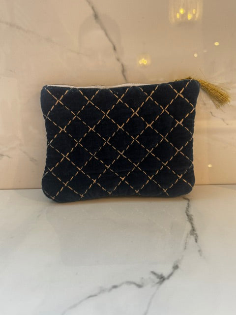 Quilted Velvet Zip Pouch - Navy