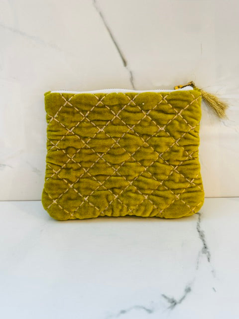 Quilted Velvet Zip Pouch - Lime Green