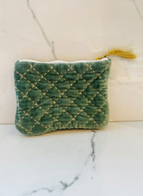 Quilted Velvet Zip Pouch - Green