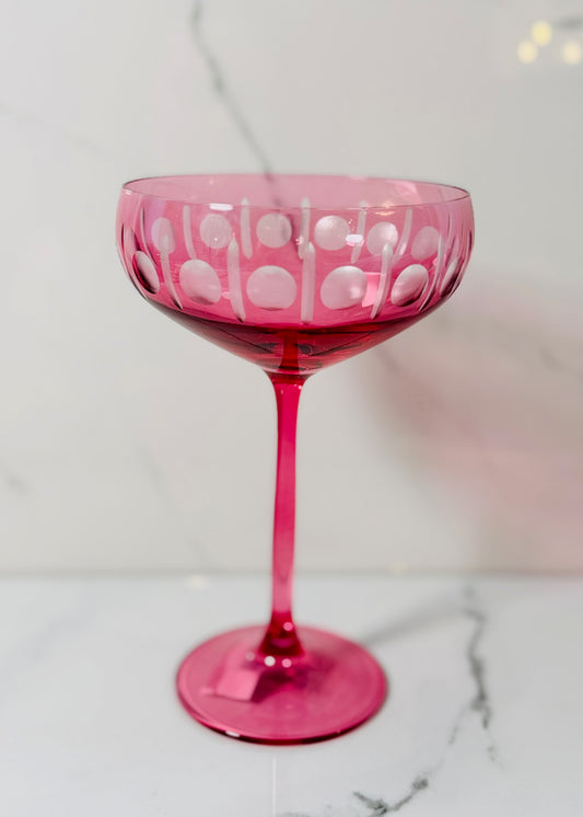 Hand Engraved Pink Coupe Wine Glass