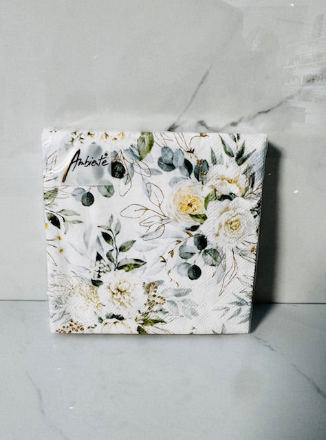 White Roses and Eucalyptus Cocktail Napkin