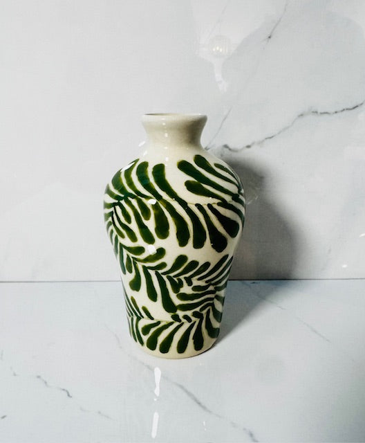 Green and White Hand Painted Stoneware Vase