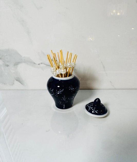 Mini Ginger Jar with Picks - Blue with White Flowers