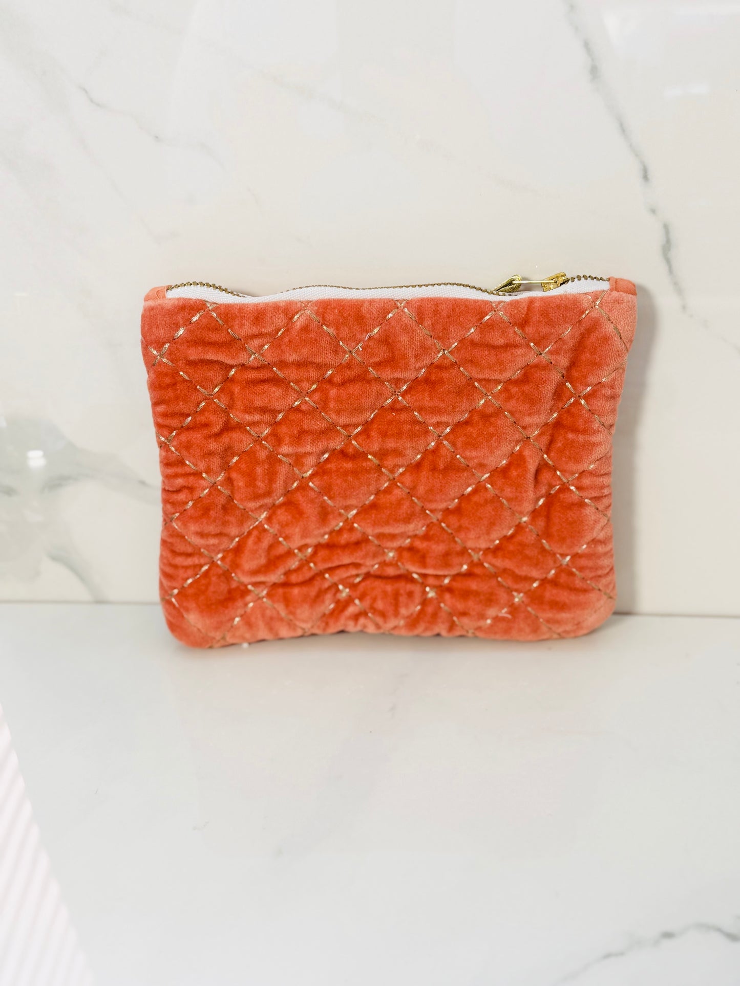 Quilted Velvet Zip Pouch - Coral