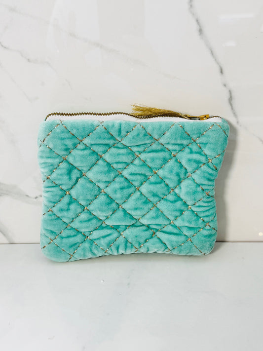 Quilted Velvet Zip Pouch - Turquoise