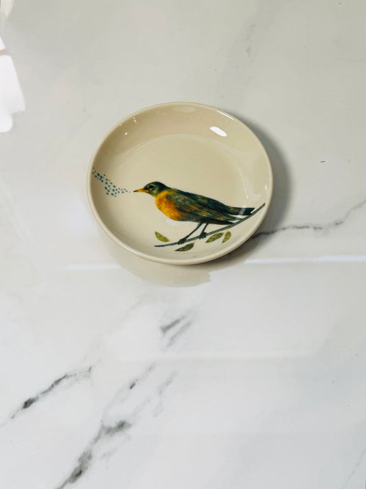 Black and Green Bird on Branch Tidbit Dish