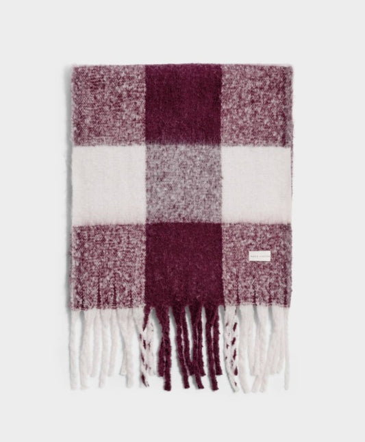 Checked Tassel Scarf - Cherry & Off White