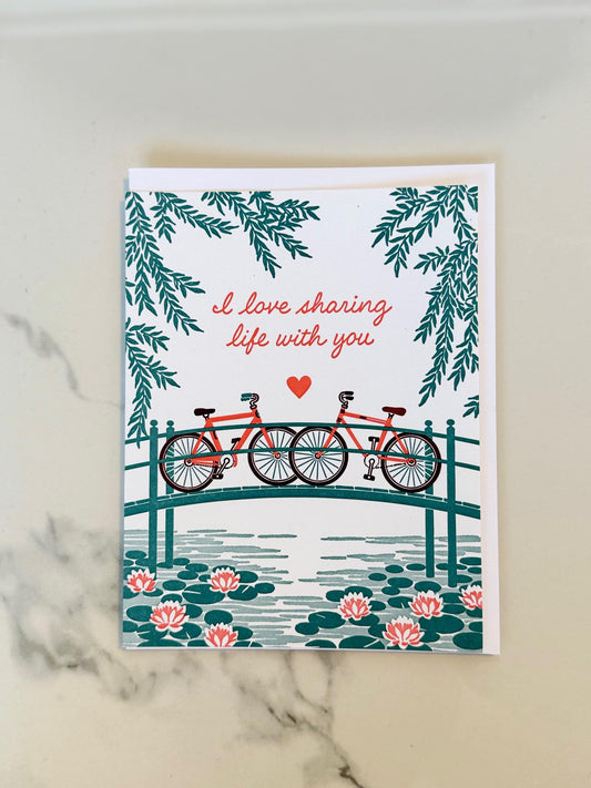 Bridge with Bikes Love Greeting Card