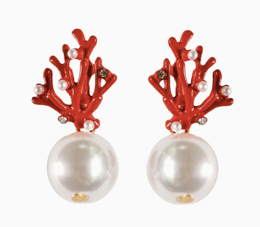 Pearl and Red Coral Earrings